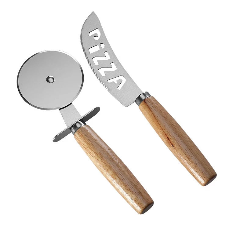 Kit de Cortadores de Pizza em Inox e Madeira