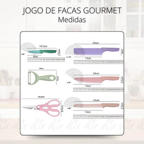 Conjunto Kit Facas Profissional Colorido em Aço Inoxidável com 6 Peças para Churrasco e Cozinha Kitchen Tesoura Facas