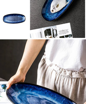 Japanese Style Kiln Cat Tye Blue Fish Plate Serving Platter Household Steamed Oval Dinner Plates Large Glaze Color Sushi Plate