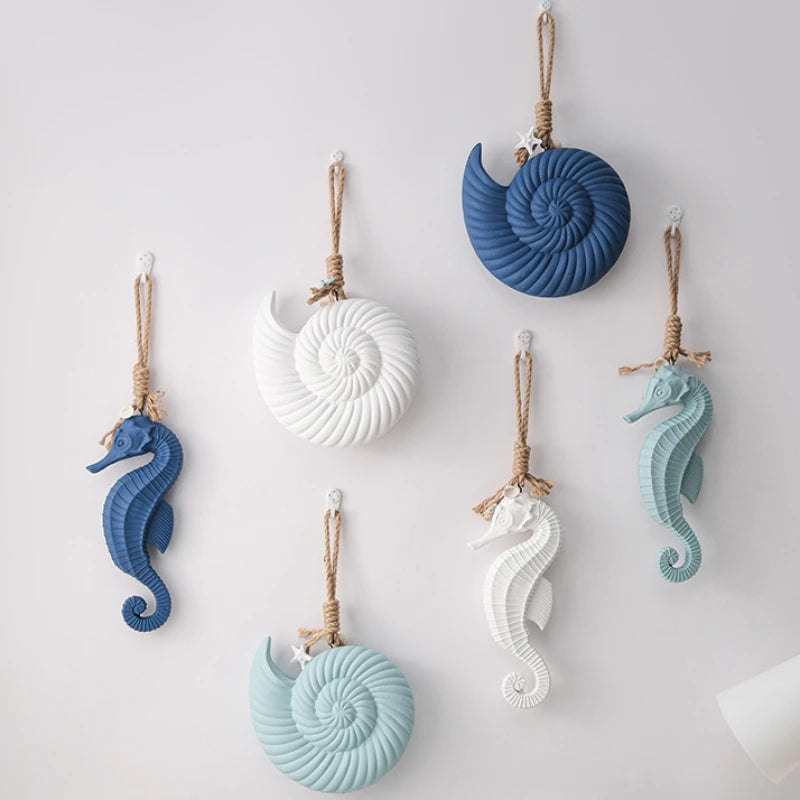 Mediterranean Style Wall Decoration Creativity Wooden Hippocampal Conch Wall Decor Pendant High-quality Background Ornaments