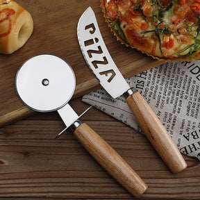 Kit de Cortadores de Pizza em Inox e Madeira