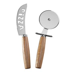 Kit de Cortadores de Pizza em Inox e Madeira